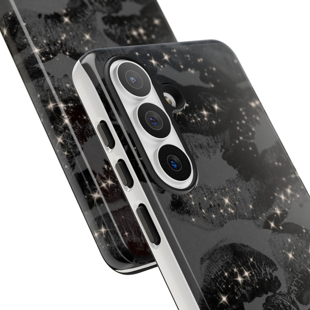 Black Glitter Kiss Phone Case — Sparkling Lip Print Protective Cover