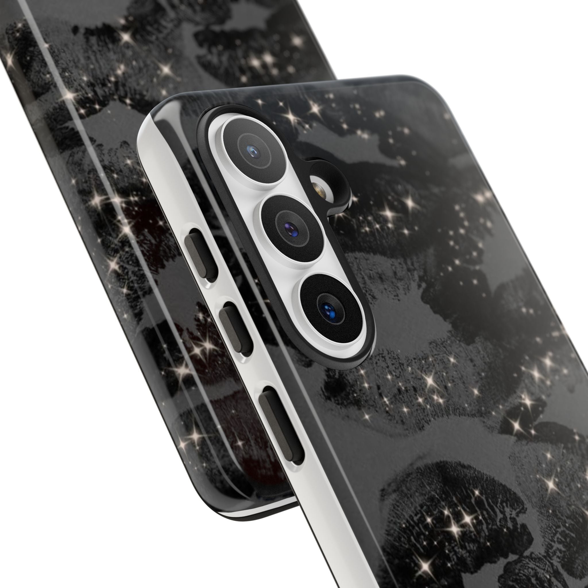 Black Glitter Kiss Phone Case — Sparkling Lip Print Protective Cover