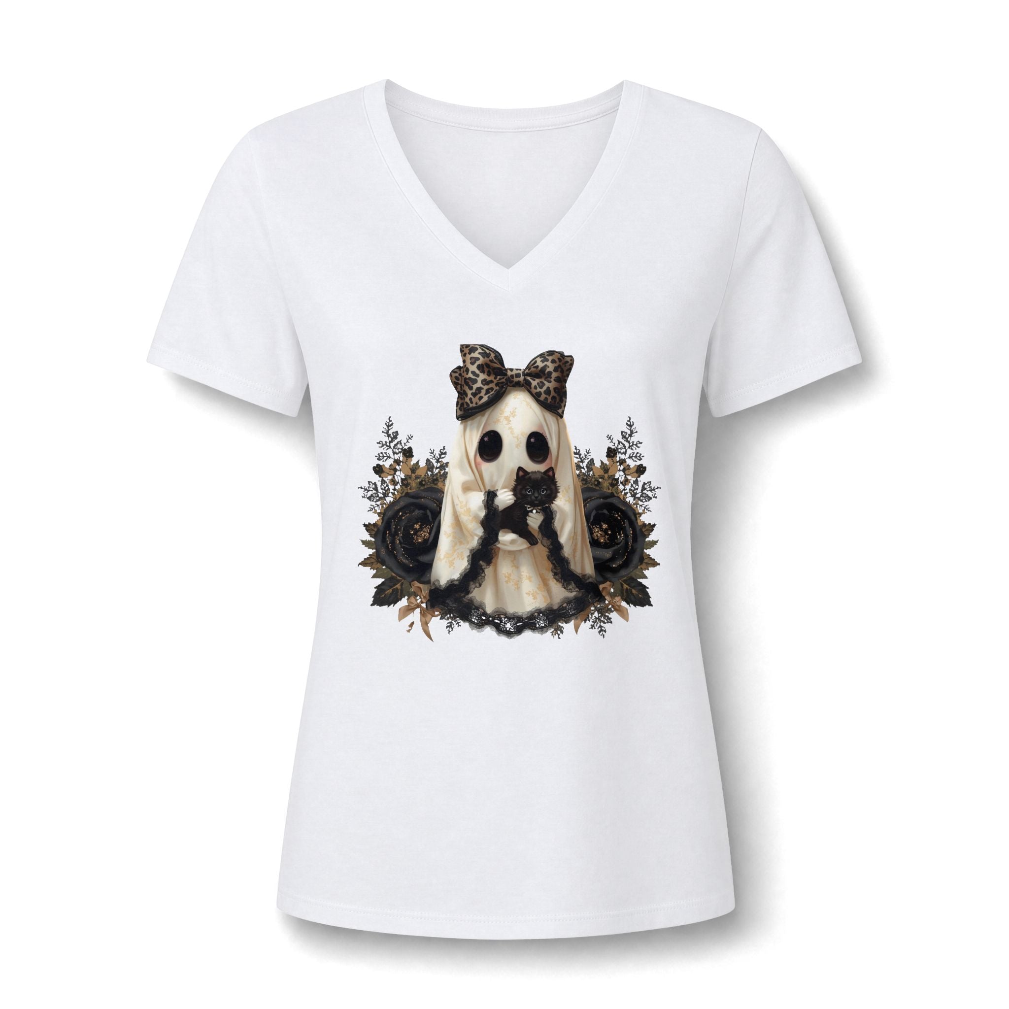 Women's V-Neck Tee — Gothic Doll with Leopard Bow Graphic